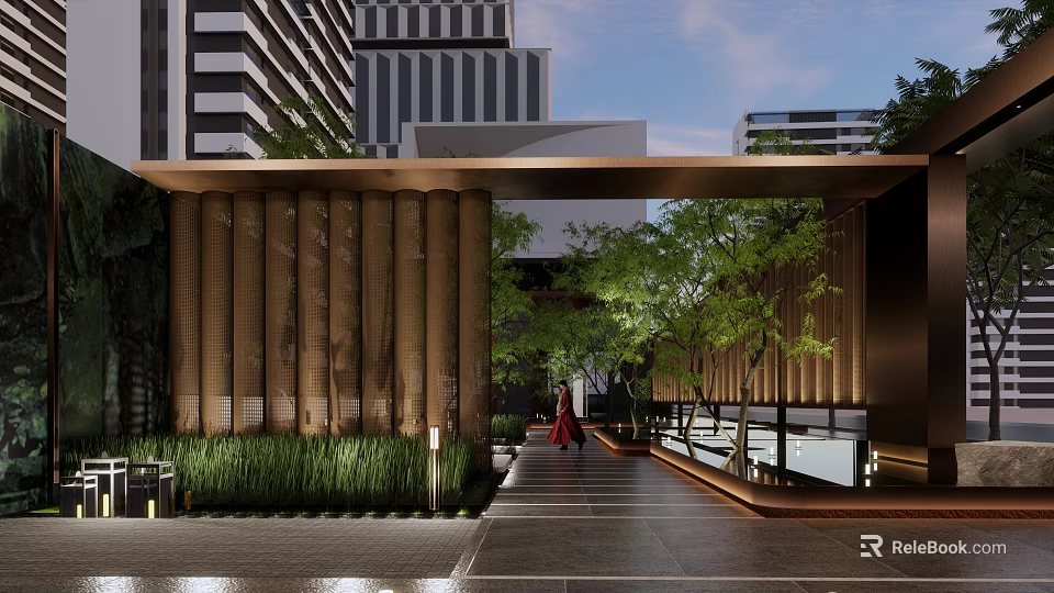 Modern Landscape Design with Tall Columns Lush Trees Pathway and Lighting Under Modern Buildings 3d model 