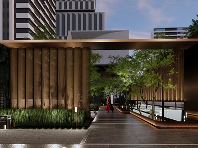 Modern Landscape Design with Tall Columns Lush Trees Pathway and Lighting Under Modern Buildings 3d model