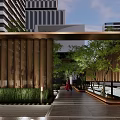 Modern Landscape Design with Tall Columns Lush Trees Pathway and Lighting Under Modern Buildings