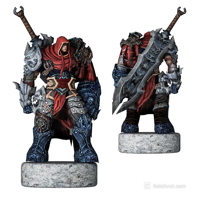 Intricate Armored Character Figurines With Red Cloak Greatsword And Stone Base 3d model 