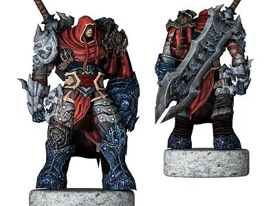 Intricate Armored Character Figurines With Red Cloak Greatsword And Stone Base 3d model