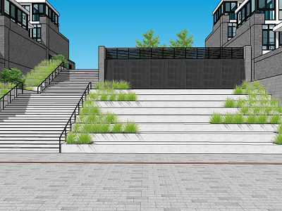 Modern Garden Landscape With Stairs Green Plants And Stone Walls Under Blue Sky 3d model