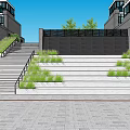 Modern Garden Landscape With Stairs Green Plants And Stone Walls Under Blue Sky