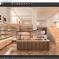 Dessert Shop Modern Interior With Pastry Display Cases Wooden Counter And Staircase