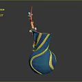 Artistic Sculpted Vase with Blue and Gold Stripes and Pink Flowers in Unique Curved Design