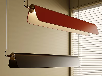 Modern Red and Black Pendant Lights Hanging in Indoor Space with Window Blinds 3d model