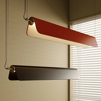 Modern Red and Black Pendant Lights Hanging in Indoor Space with Window Blinds 3d model