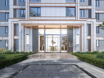 Modern Residential Entrance Gate With Glass Door Metal Frame Stone Pathway And Landscaped Greenery 3d model