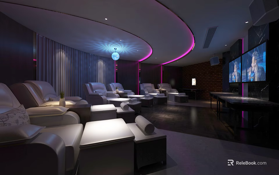 Modern KTV Interior With White Leather Sofas Multiple TVs Pink Curved Ceiling Lighting And Projector 3d model 