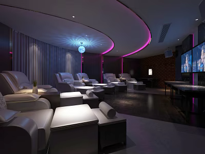 Modern KTV Interior With White Leather Sofas Multiple TVs Pink Curved Ceiling Lighting And Projector 3d model