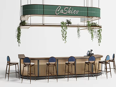 CaShiey Bar With Modern Design And Hanging Green Plants Stylish Bar Stools For Contemporary Interior 3d model