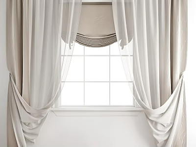 Elegant White Curtains With Sheer Layers And Decorative Valance For Window 3d model