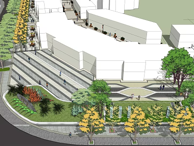 Modern Commercial Landscape Design With Steps Greenery Trees And Pedestrian Open Spaces 3d model