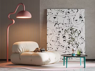Single Sofa With Pink Floor Lamp Black White Abstract Painting Green Side Table And Plant 3d model