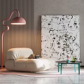 Single Sofa With Pink Floor Lamp Black White Abstract Painting Green Side Table And Plant