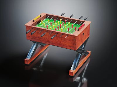 Wooden Foosball Table With Metal Legs Green Playing Surface Red Yellow Players And Black Rods 3d model