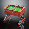 Wooden Foosball Table With Metal Legs Green Playing Surface Red Yellow Players And Black Rods