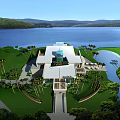 Modern Luxury Villa Exterior With Swimming Pool Palm Trees Lush Greenery And Water Reflection
