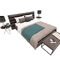 Stylish Double Bed With Dark Headboard Grey Bedding Blue Throw Pillows And Side Lamps