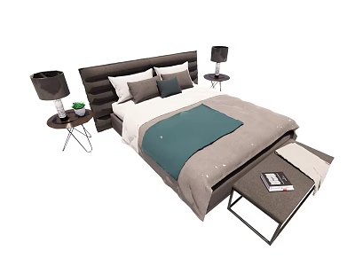 Stylish Double Bed With Dark Headboard Grey Bedding Blue Throw Pillows And Side Lamps 3d model