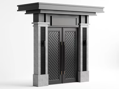 Black Double Gate With Woven Pattern And Stone Pillars Under Black Eave Design 3d model