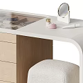 Modern Vanity with Drawers and Stool Featuring Cosmetics Accessories Mirror Watches and Lipsticks