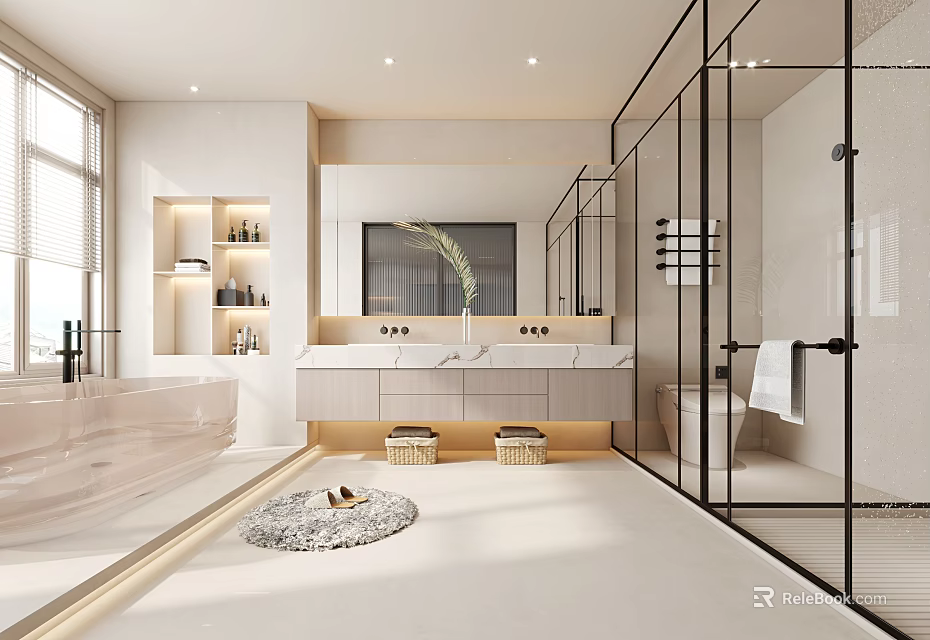 Modern Bathroom Design With Freestanding Bathtub Marble Vanity And Glass Shower Enclosure 3d model 