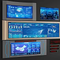 Multiple TV Screens In Control Center Displaying Blue Data Interface With Charts And Maps 3d model