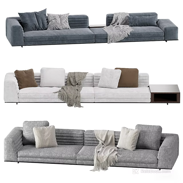Modern Grey Sectional Sofa With Decorative Pillows And Soft Throw Blanket 3d model 