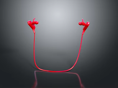 Stylish Red In-ear Wired Headphones With Glossy Surface And Dark Background Reflection 3d model