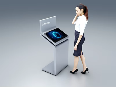 Woman In White Shirt Black Skirt Interacting With Hisense Touchscreen Kiosk With Tech Inspired Screen 3d model
