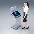 Woman In White Shirt Black Skirt Interacting With Hisense Touchscreen Kiosk With Tech Inspired Screen