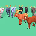 Group of Colorful Goats with Various Sizes and Brown Gray White Fur on Green Background