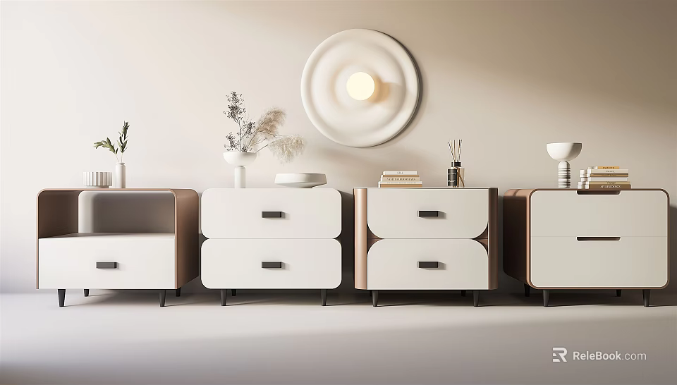 Modern White Nightstands With Drawers And Round Wall Lamp Decor 3d model 