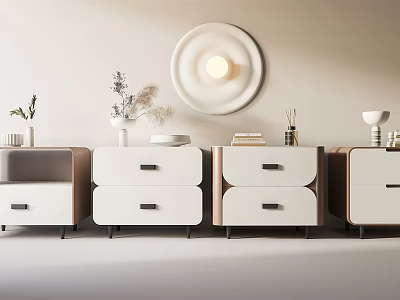 Modern White Nightstands With Drawers And Round Wall Lamp Decor 3d model