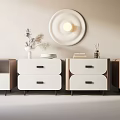 Modern White Nightstands With Drawers And Round Wall Lamp Decor