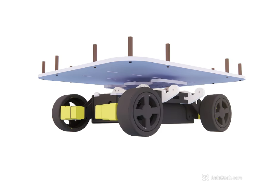 Small Robotic Vehicle With Blue Platform Black Wheels And Yellow Components 3d model