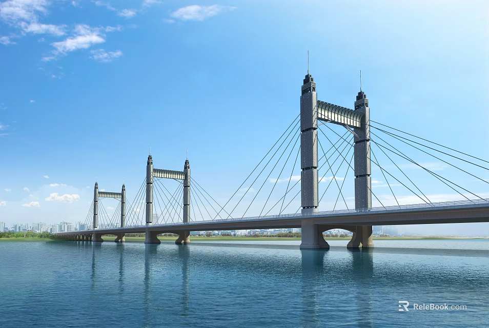 Modern Cable Stayed Bridge Over River With Blue Sky And White Clouds 3d model