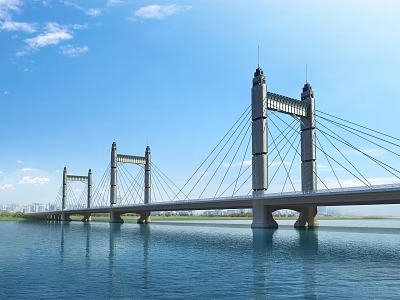 Modern Cable Stayed Bridge Over River With Blue Sky And White Clouds 3d model