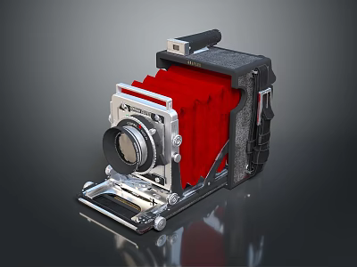 Vintage Retro Style Camera With Red Bellows Silver Metal And Black Body 3d model