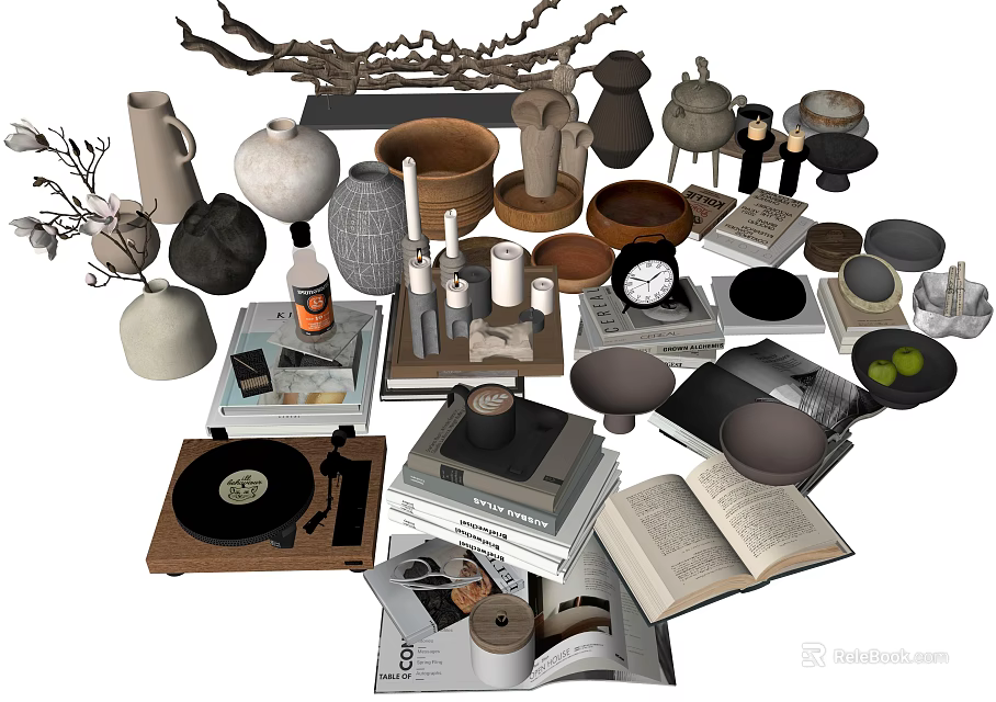 Various Stylish Decorative Ornament Set With Vases Jars Clocks Books And Records 3d model 