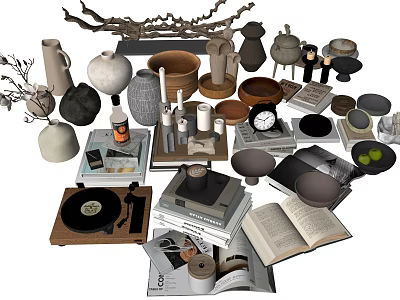 Various Stylish Decorative Ornament Set With Vases Jars Clocks Books And Records 3d model