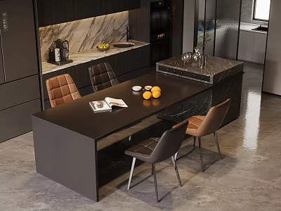 Modern Open Kitchen Interior With Marble Island Countertop Chairs And Cabinets 3d model