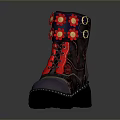 Dark Fashion Boots With Red Flower Decorations Red Laces Black Soles And Decorative Patterns
