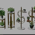 Various Green Potted Plants On Golden Metal Spiral Multi Tiered Plant Stands
