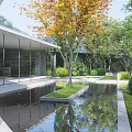 Courtyard Garden With Lush Green Plants Trees Flowers And Wooden Deck Chairs