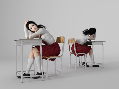 Young schoolgirls in classroom resting on desk and sitting with back turned wearing school uniforms 3d model