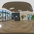 Colorful Kindergarten Science Playground With Reception Desk Green Plants And Cloud Decorations