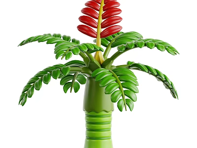 Tropical Plant With Green Leaves Red Spiral Flower And Vase Shaped Stem 3d model