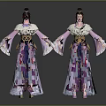 Two Traditional Chinese Female Characters In Purple Blue Costumes With Feather Trim And Golden Patterns